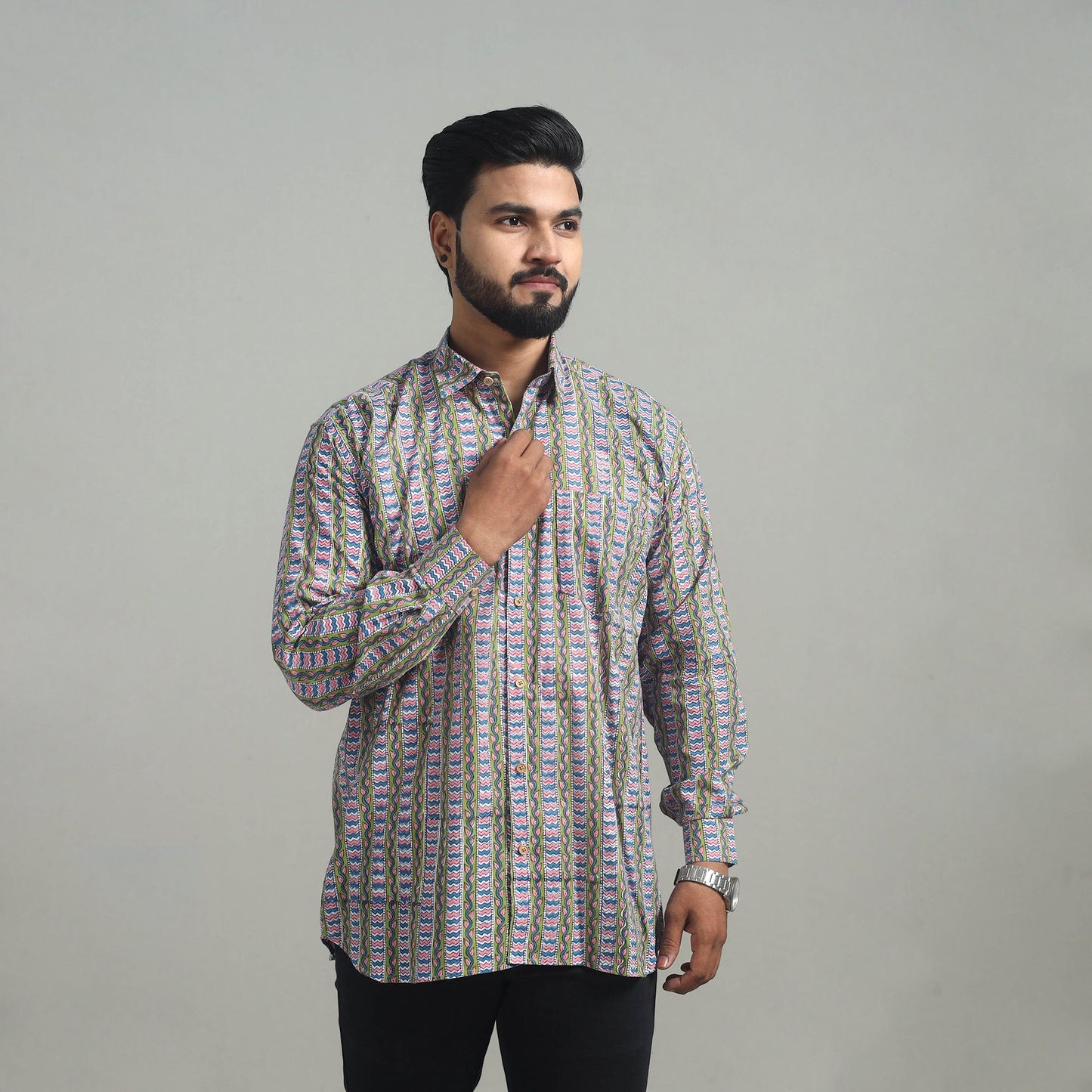 Buy Multicolor Full Sleeve Cotton Men Sanganeri Print Shirt
