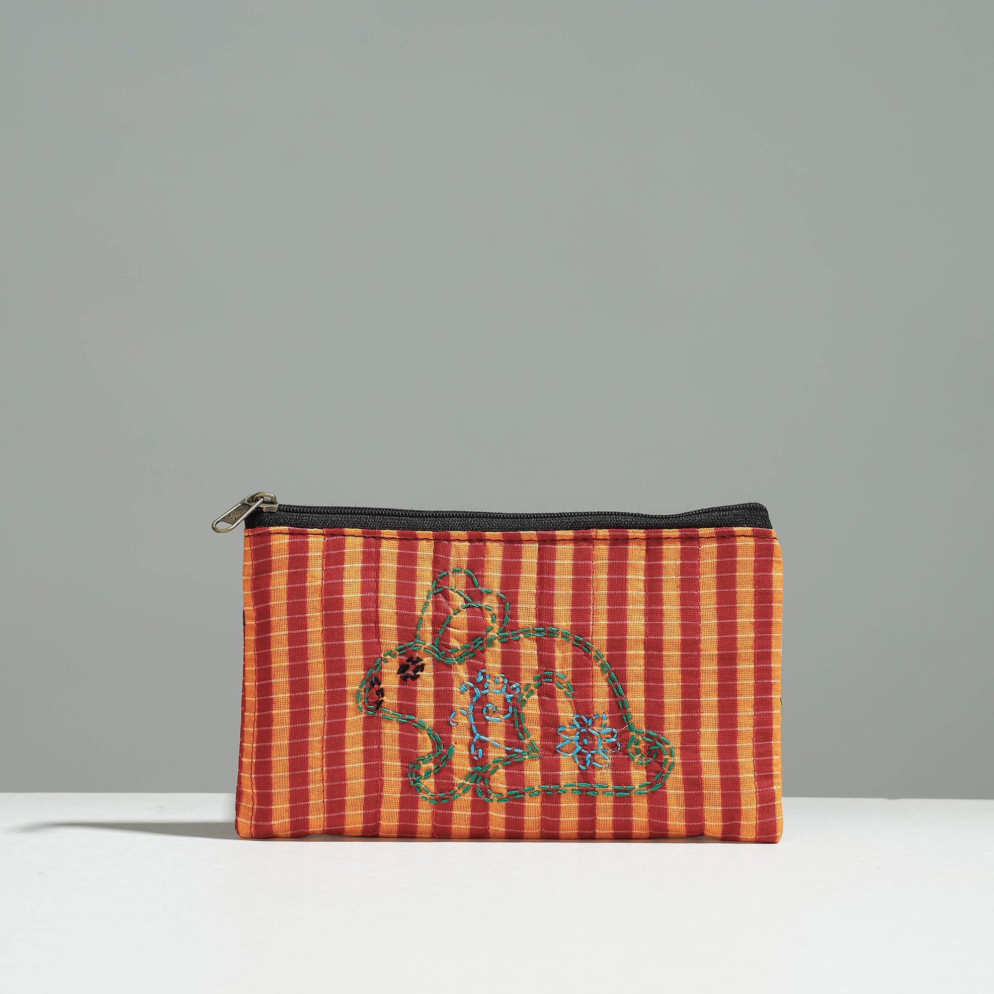 Multicolor Gamcha Fabric Hand Embroidered Jewelry Pouch 