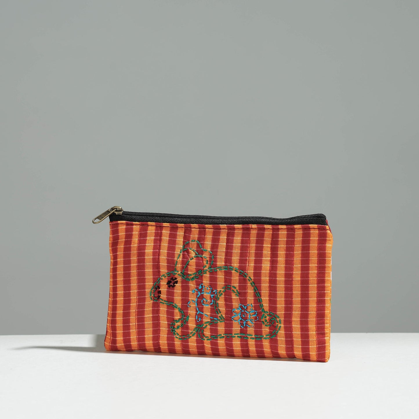Multicolor Gamcha Fabric Hand Embroidered Jewelry Pouch 