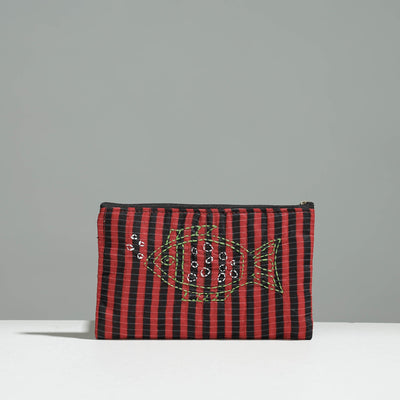 Multicolor Gamcha Fabric Hand Embroidered Jewelry Pouch 
