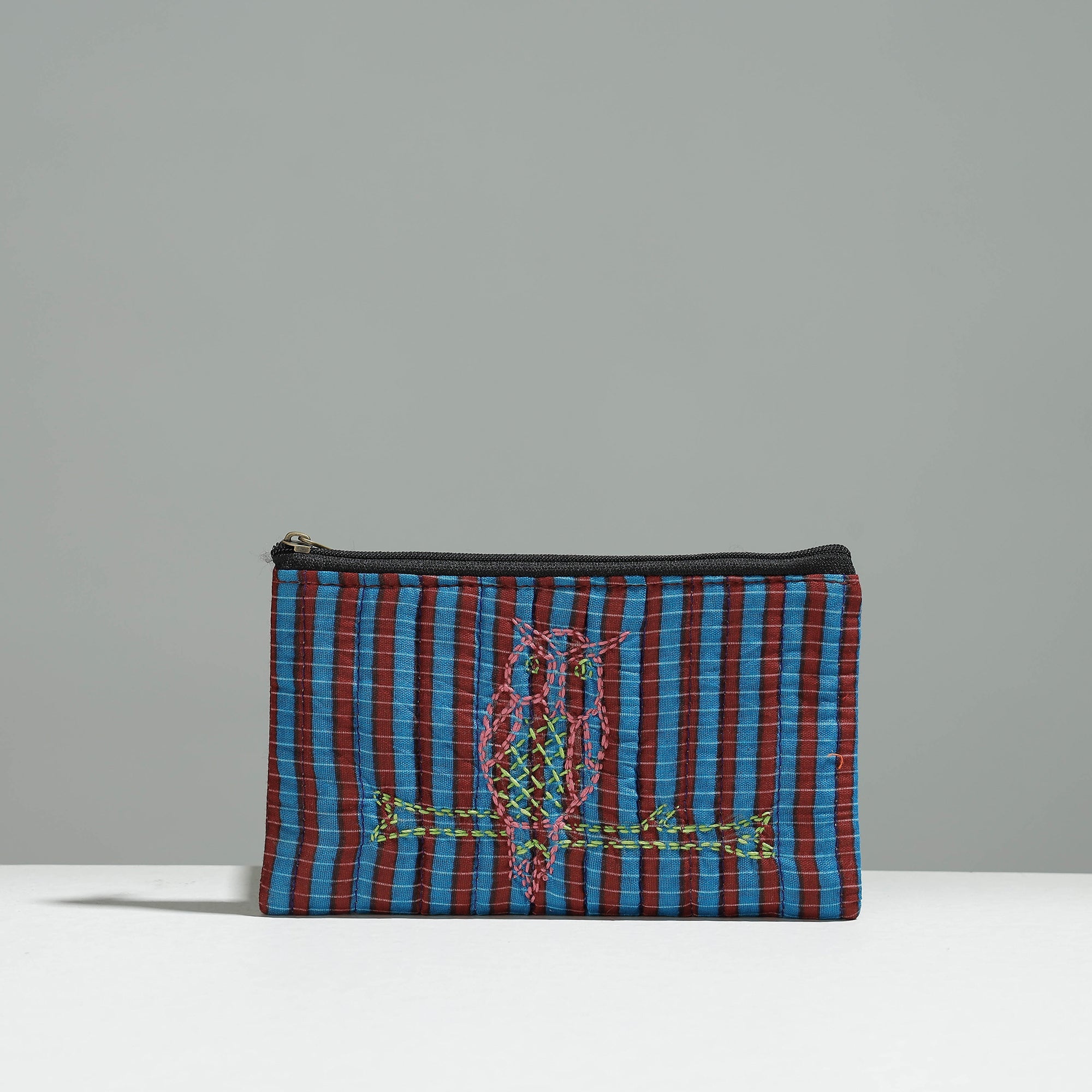 Multicolor Gamcha Fabric Hand Embroidered Jewelry Pouch 