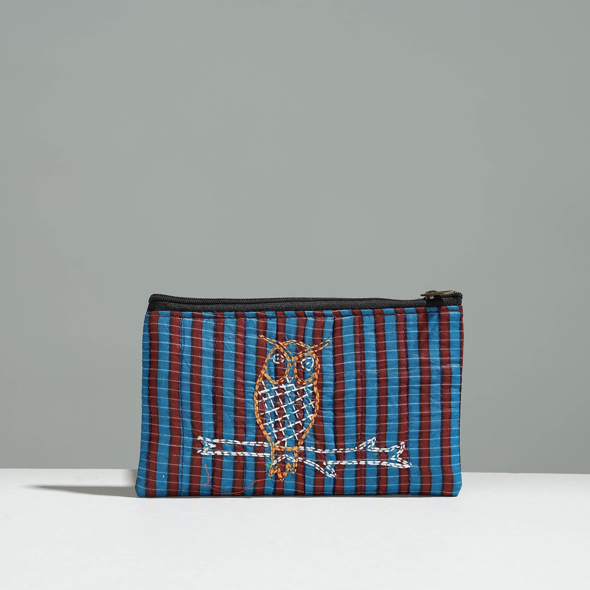 Multicolor Gamcha Fabric Hand Embroidered Jewelry Pouch 
