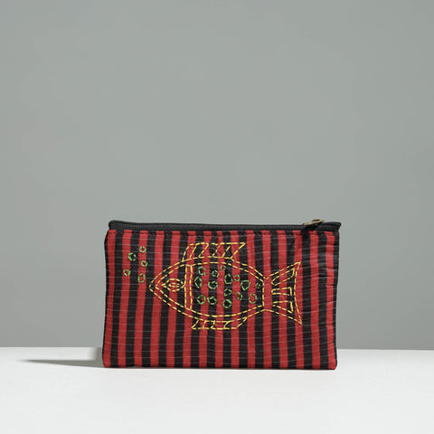 Multicolor Gamcha Fabric Hand Embroidered Jewelry Pouch 