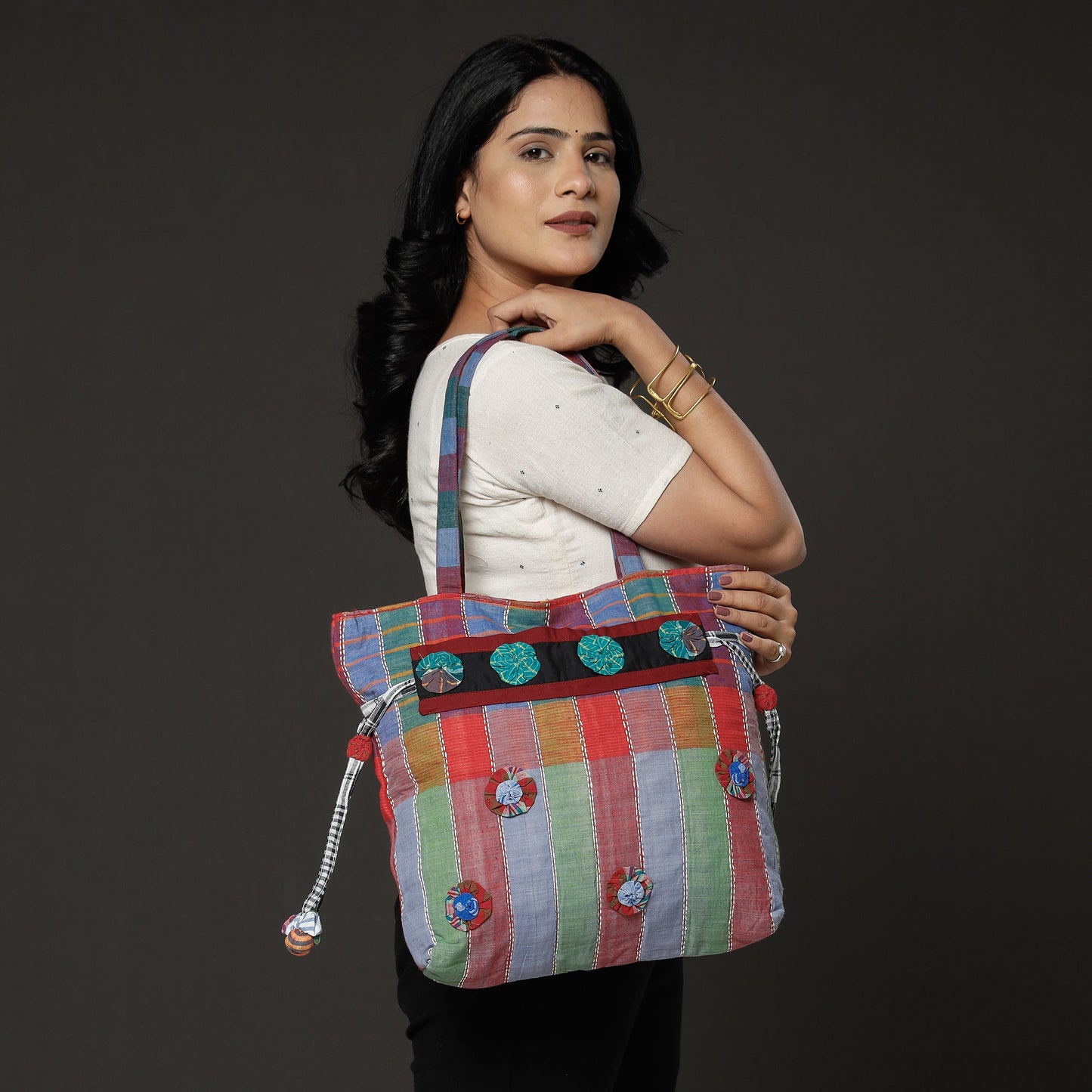 Multicolor Gamcha Fabric Hand Embroidered Sling Bag