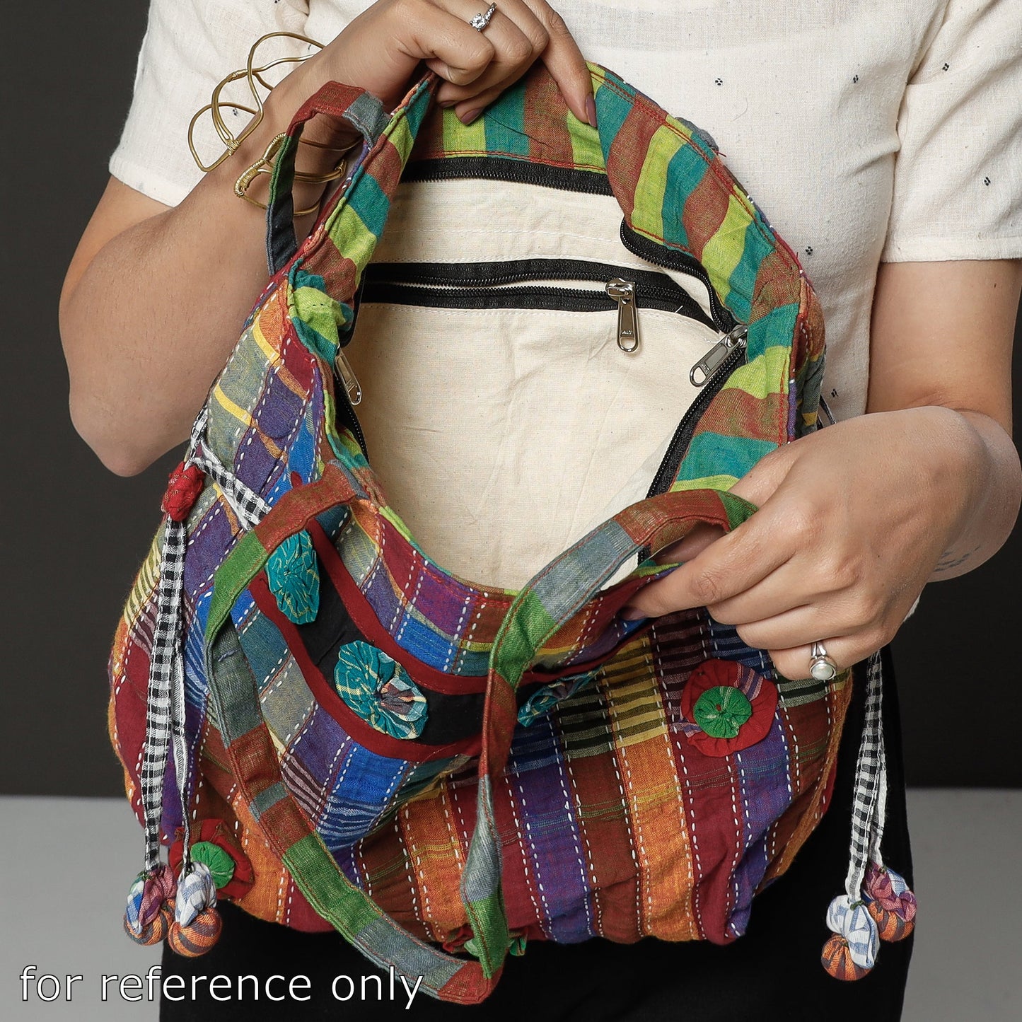 Multicolor Gamcha Fabric Hand Embroidered Sling Bag