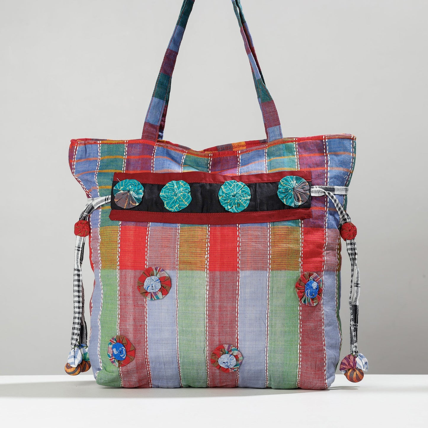 Multicolor Gamcha Fabric Hand Embroidered Sling Bag