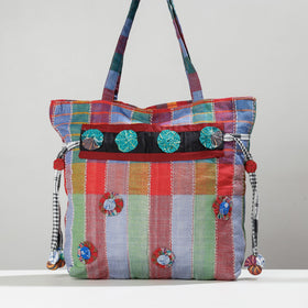 Multicolor Gamcha Fabric Hand Embroidered Sling Bag