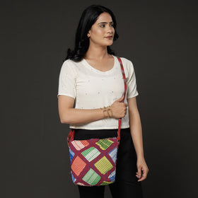 Multicolor Gamcha Fabric Hand Embroidered Sling Bag