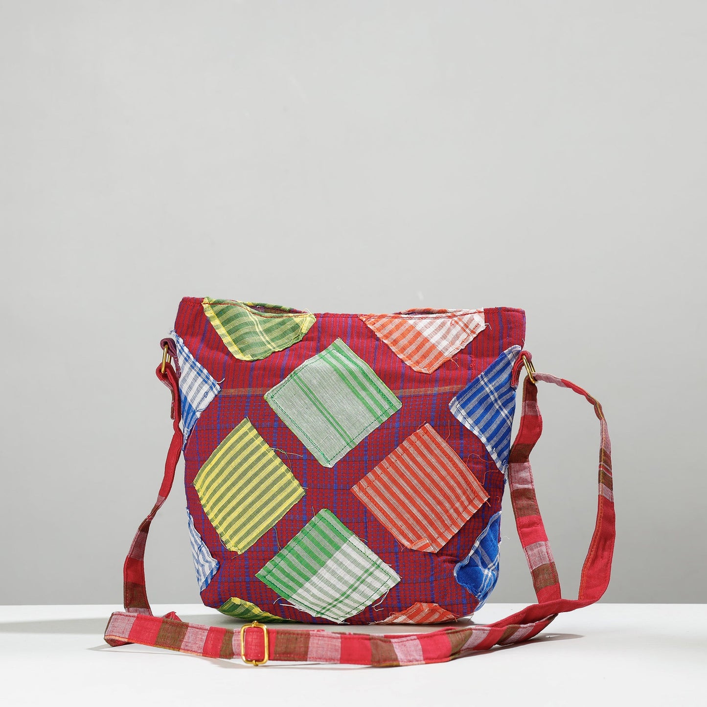 Multicolor Gamcha Fabric Hand Embroidered Sling Bag