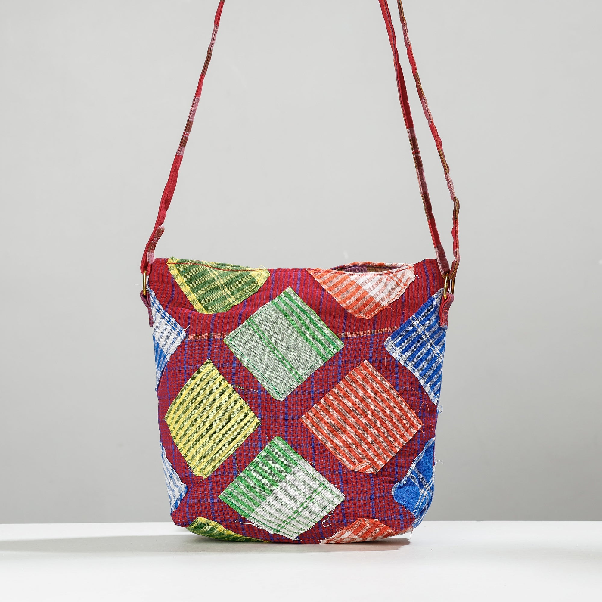 Multicolor Gamcha Fabric Hand Embroidered Sling Bag