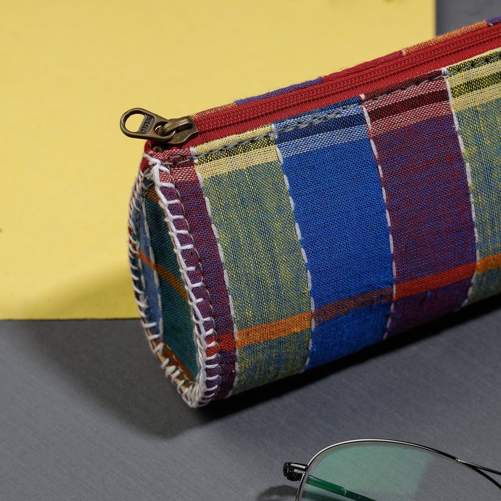 Multicolor Gamcha Fabric Hand Embroidered Spectacle Case