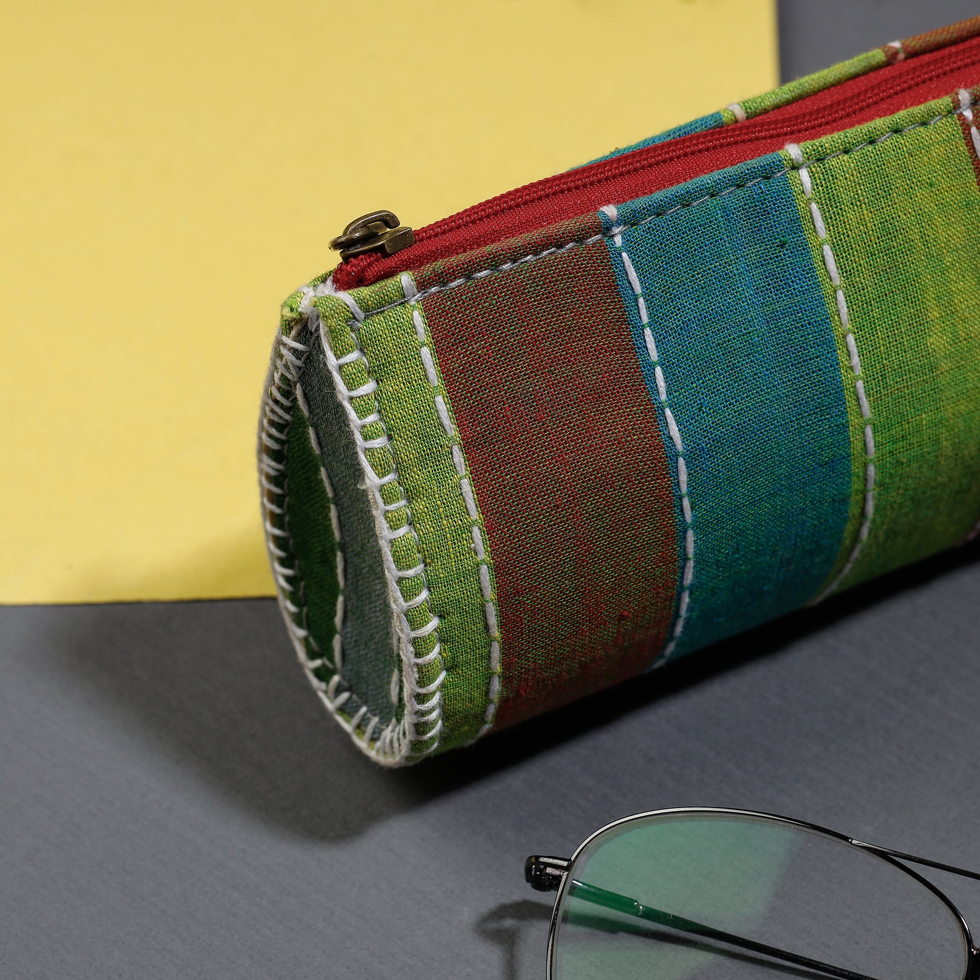 Multicolor Gamcha Fabric Hand Embroidered Spectacle Case