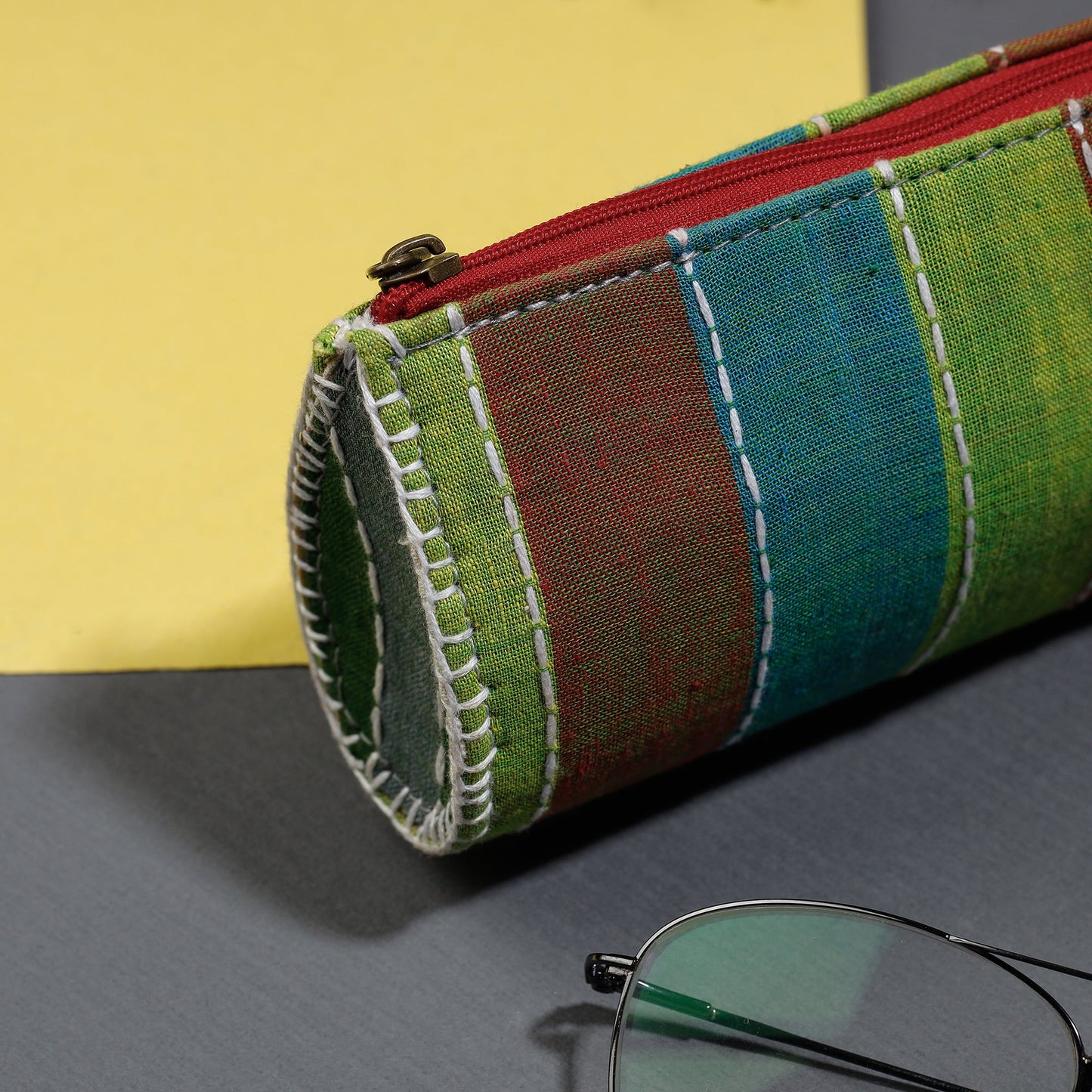 Multicolor Gamcha Fabric Hand Embroidered Spectacle Case