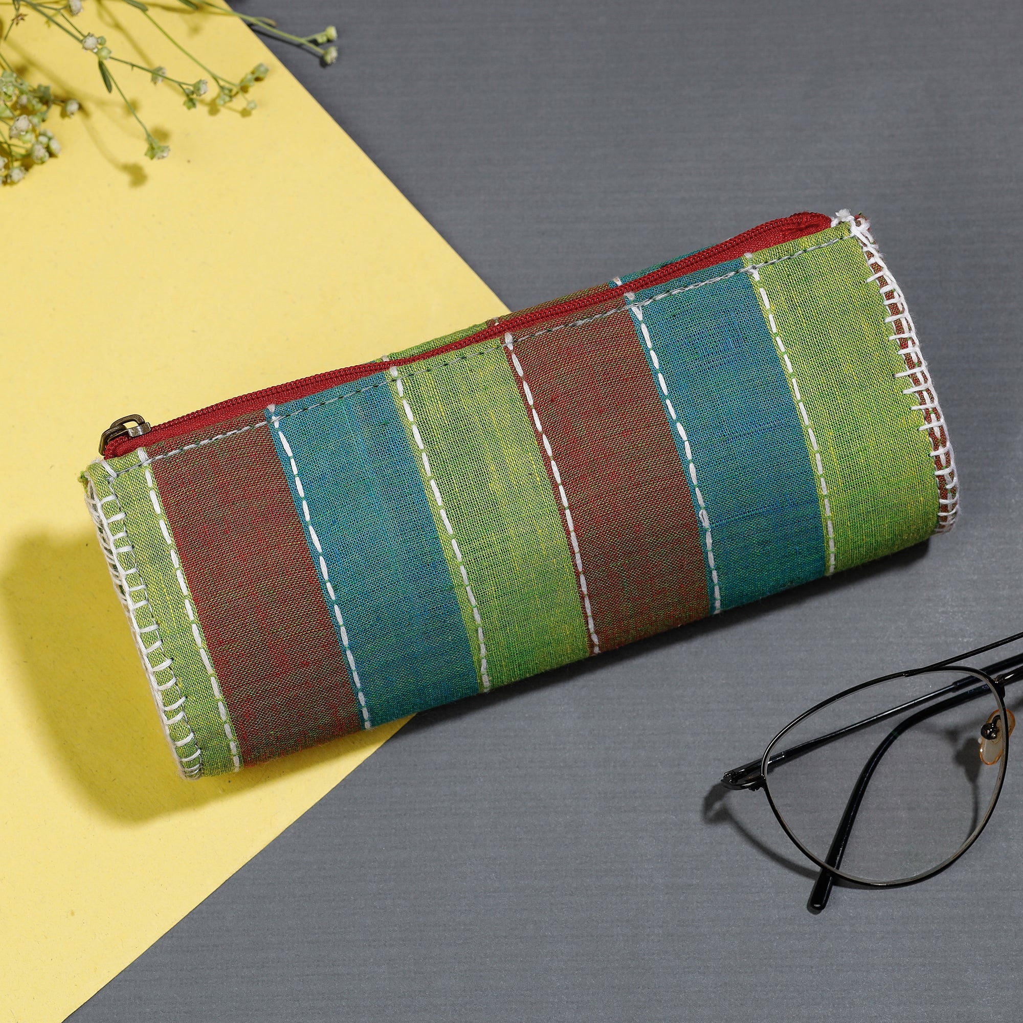 Multicolor Gamcha Fabric Hand Embroidered Spectacle Case