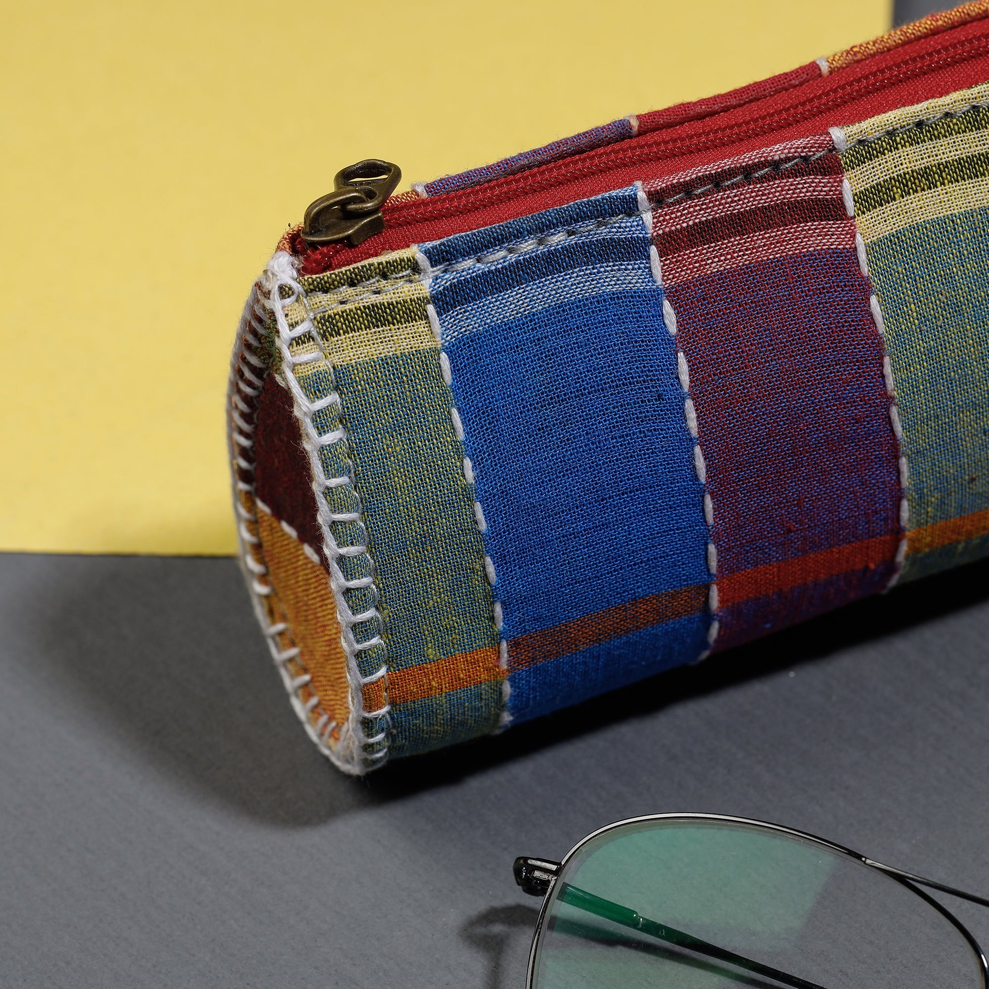 Multicolor Gamcha Fabric Hand Embroidered Spectacle Case