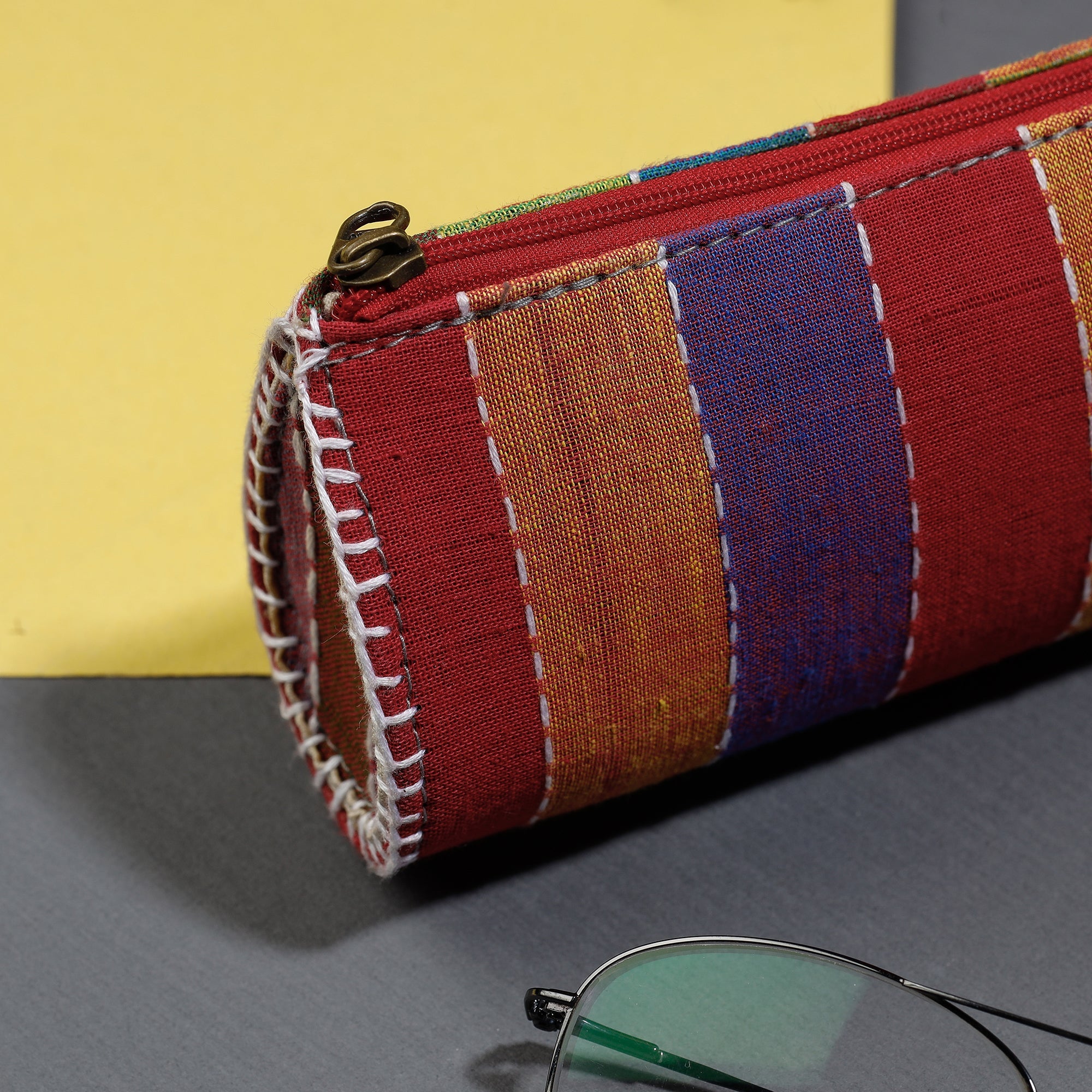 Multicolor Gamcha Fabric Hand Embroidered Spectacle Case