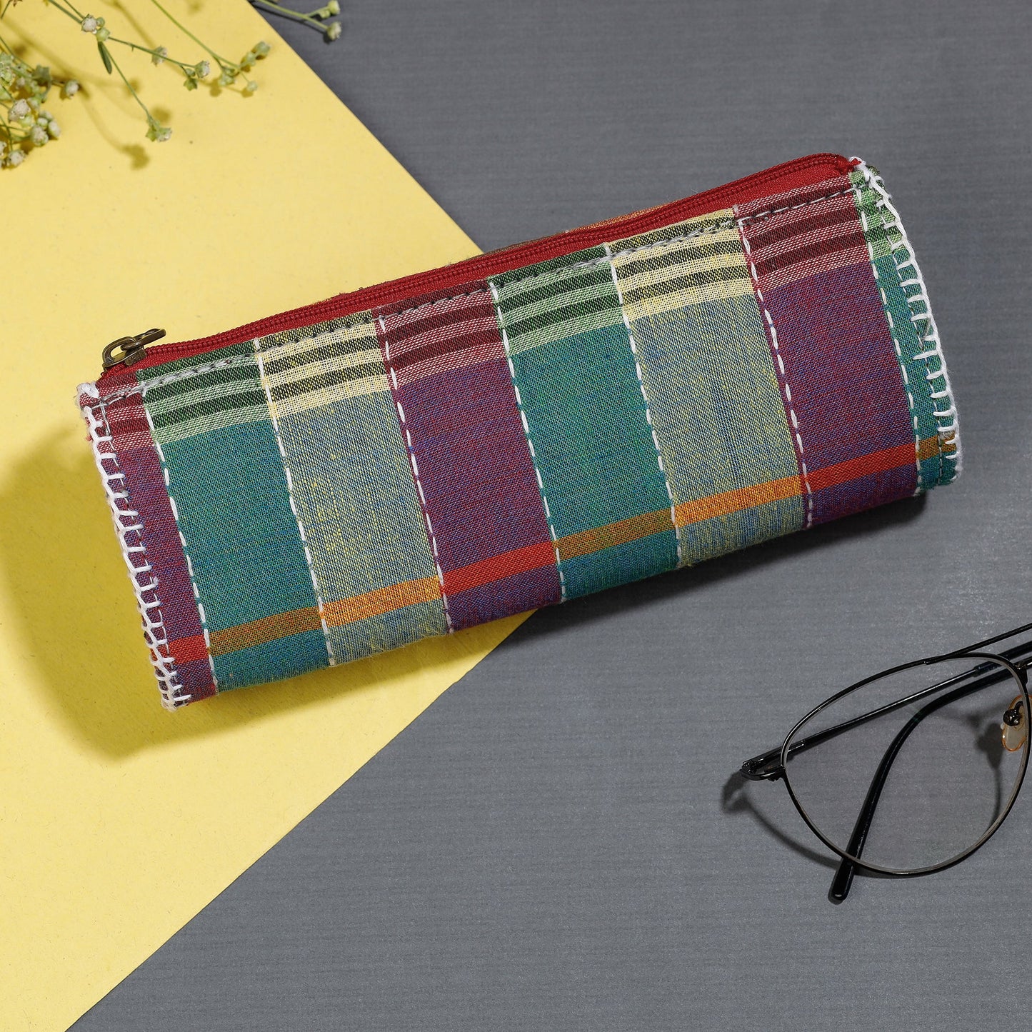 Multicolor Gamcha Fabric Hand Embroidered Spectacle Case