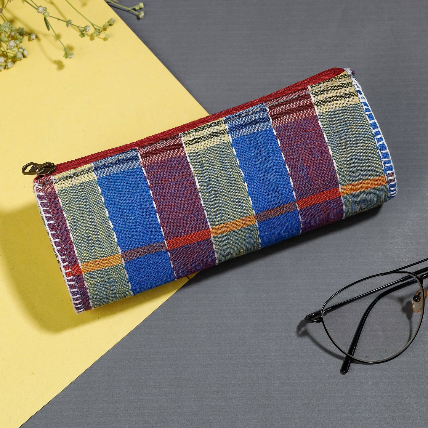 Multicolor Gamcha Fabric Hand Embroidered Spectacle Case