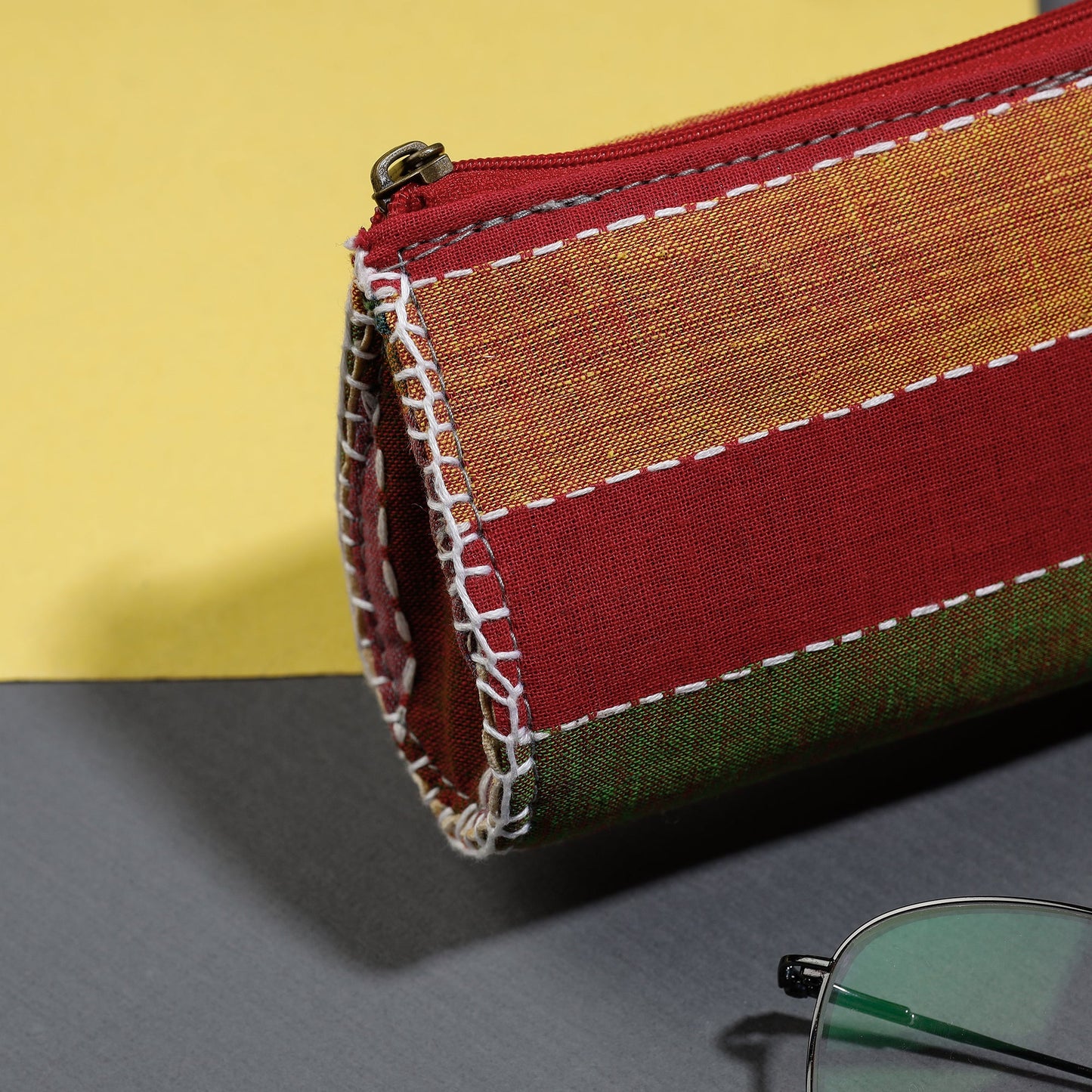 Multicolor Gamcha Fabric Hand Embroidered Spectacle Case