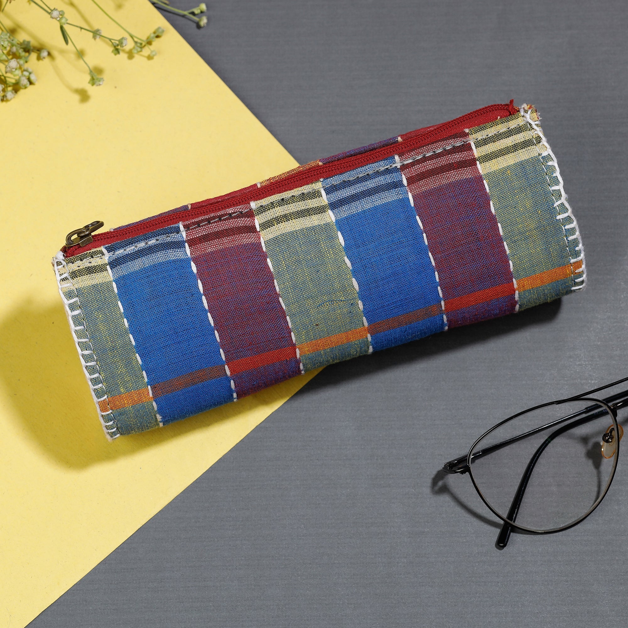 Multicolor Gamcha Fabric Hand Embroidered Spectacle Case