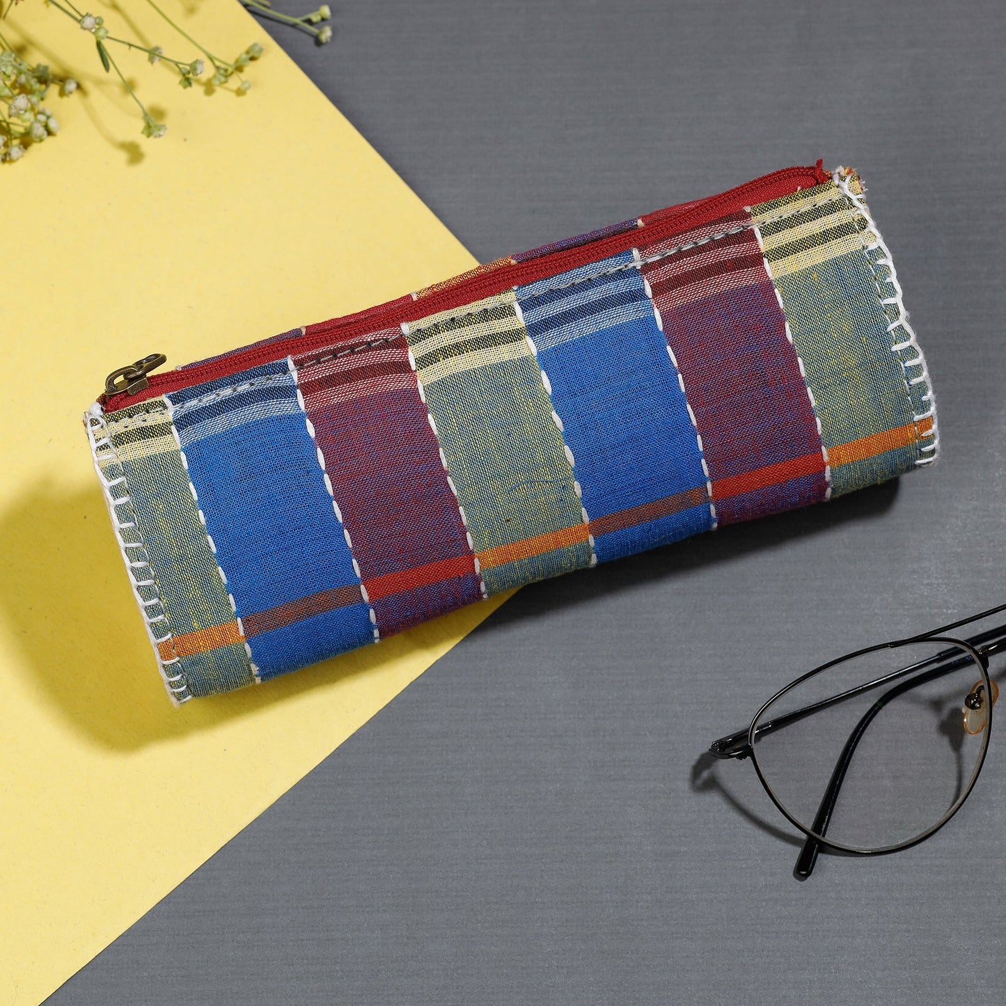 Multicolor Gamcha Fabric Hand Embroidered Spectacle Case