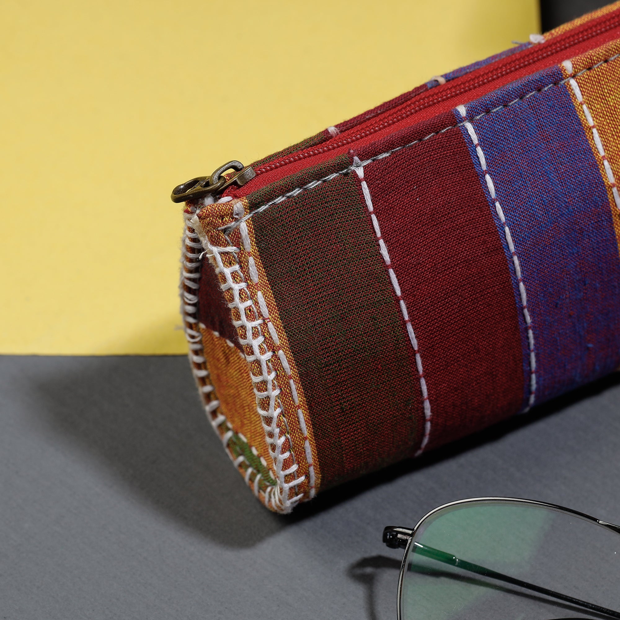 Multicolor Gamcha Fabric Hand Embroidered Spectacle Case