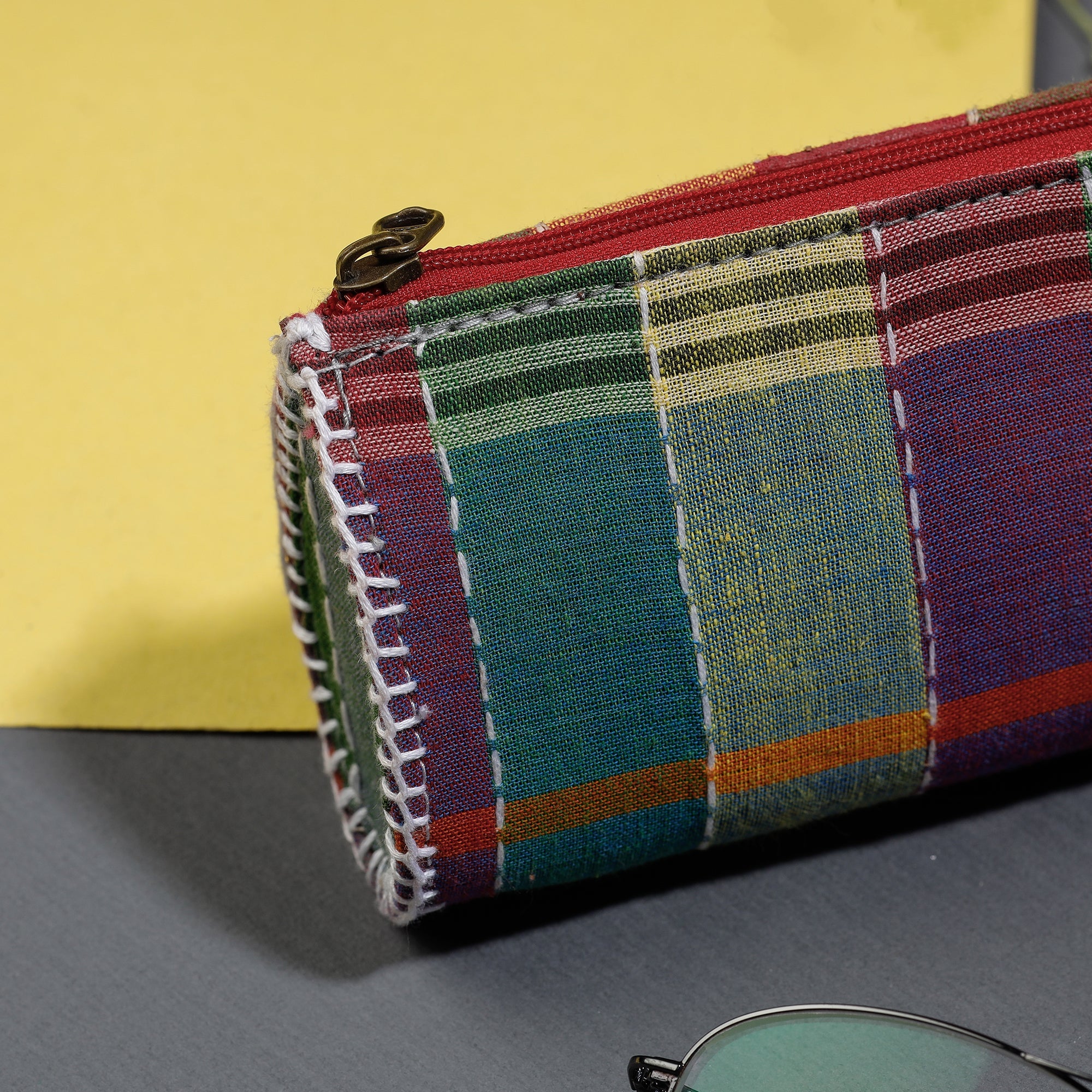 Multicolor Gamcha Fabric Hand Embroidered Spectacle Case