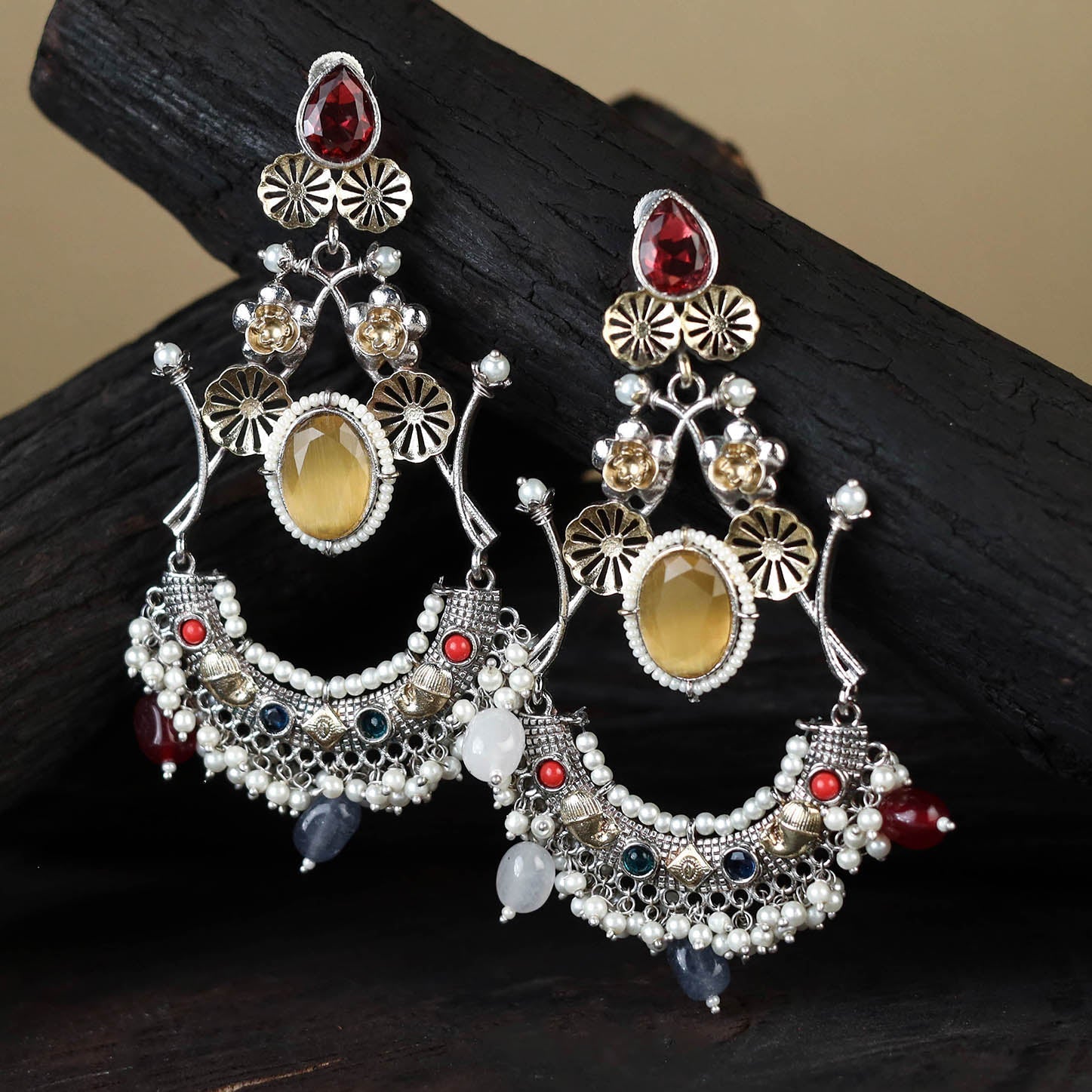 German Silver-Plated Ethnic Drop Earrings
