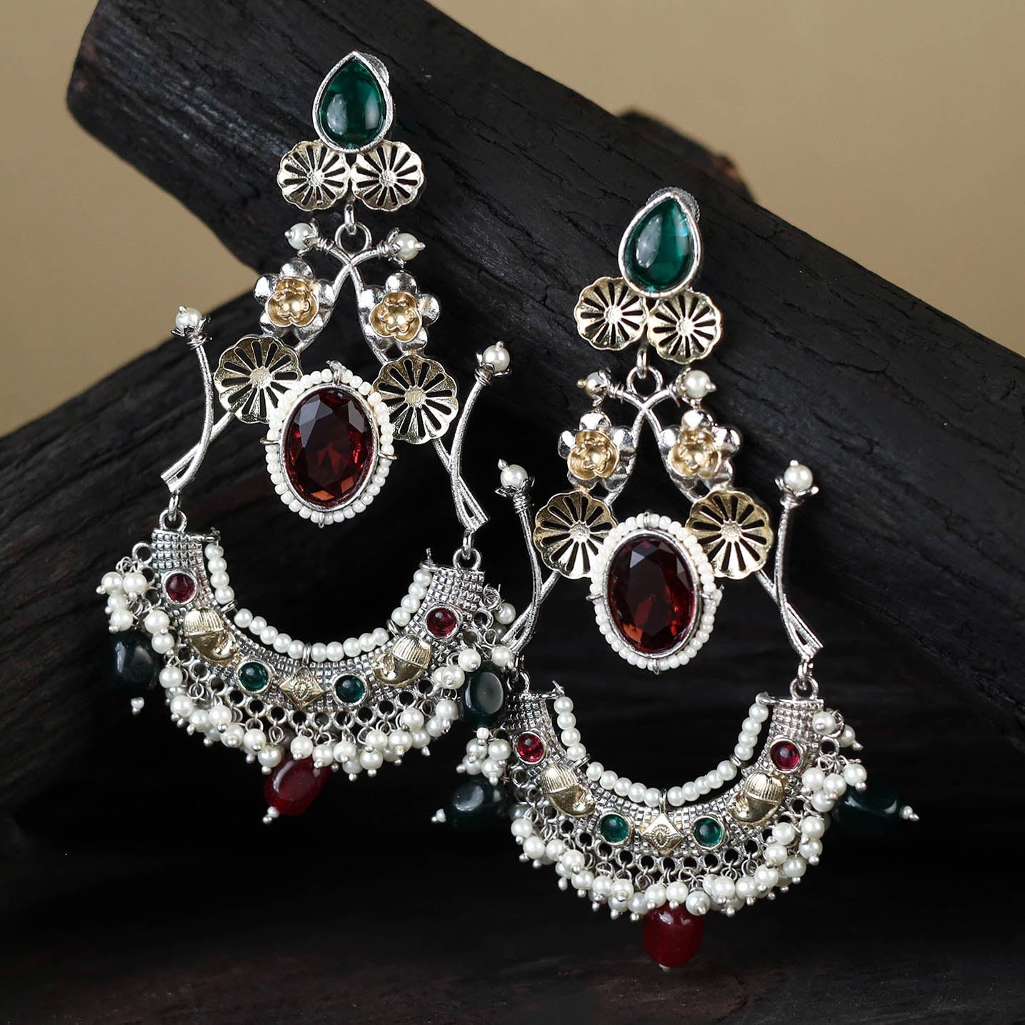 White German Silver-Plated Ethnic Drop Earrings