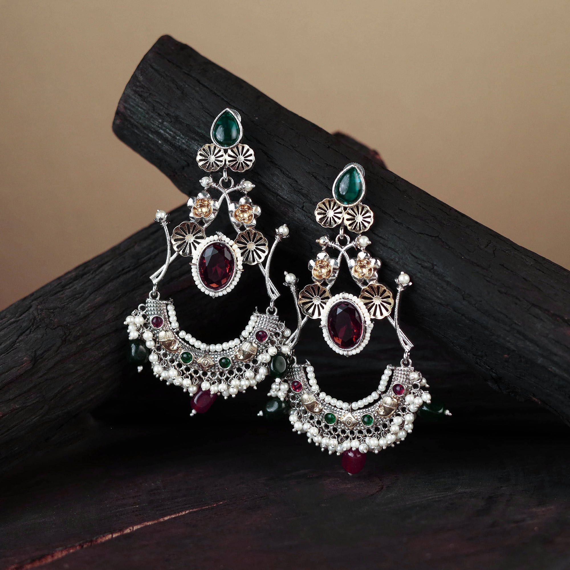 White German Silver-Plated Ethnic Drop Earrings