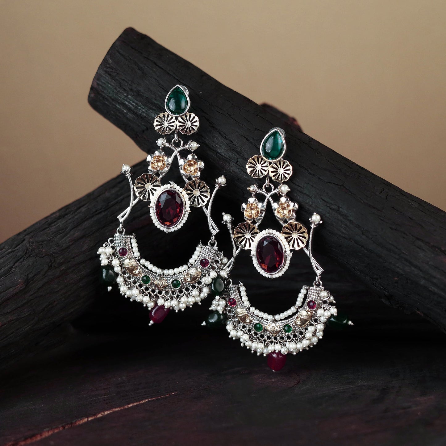 White German Silver-Plated Ethnic Drop Earrings