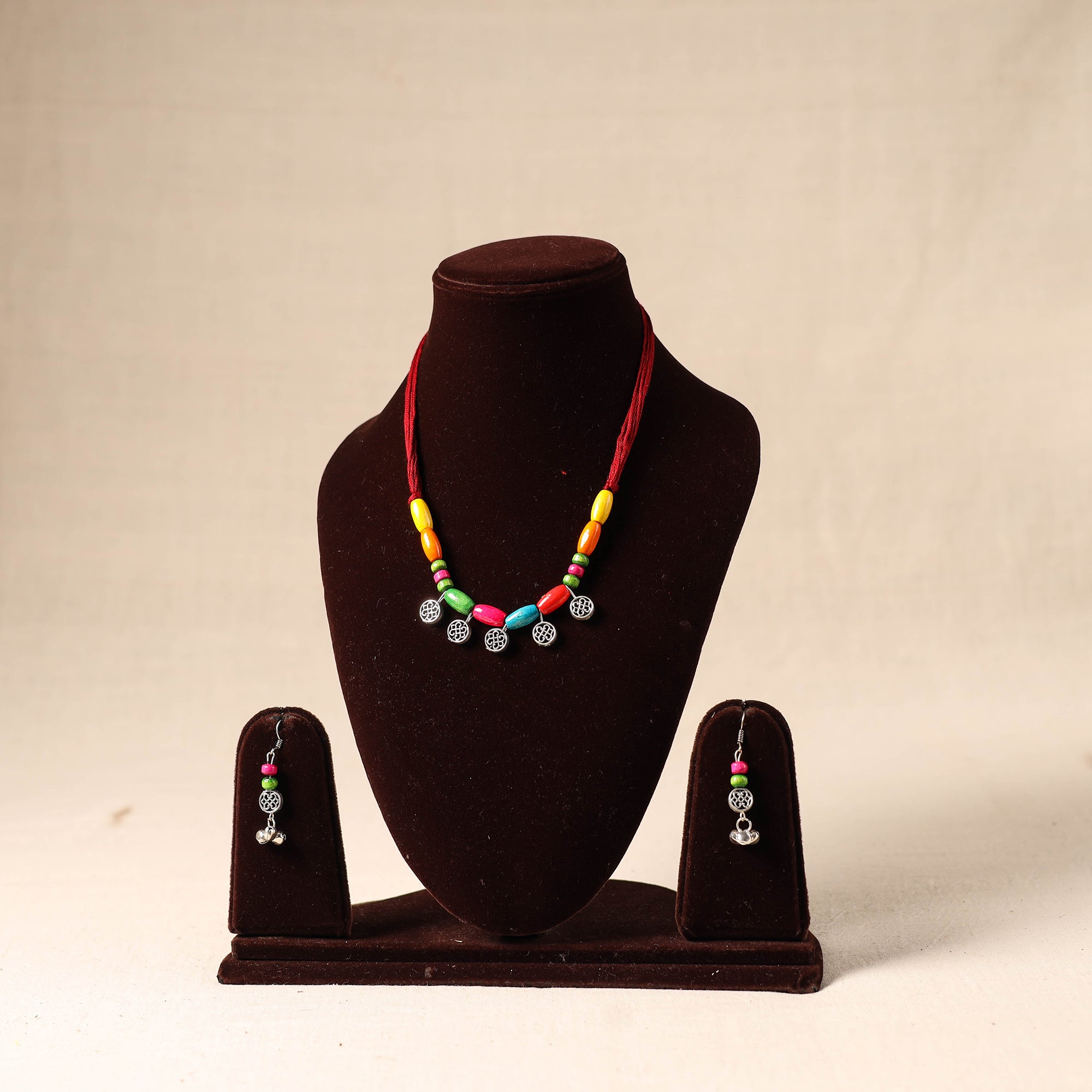 Multicolor German Silver Wooden Beads Necklace Set
