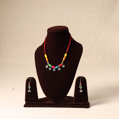 Multicolor German Silver Wooden Beads Necklace Set