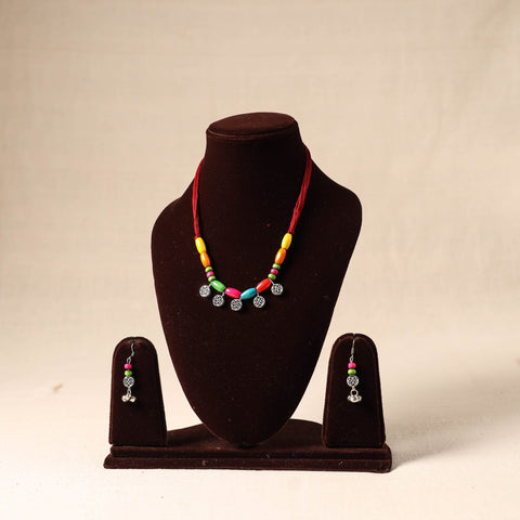 Multicolor German Silver Wooden Beads Necklace Set
