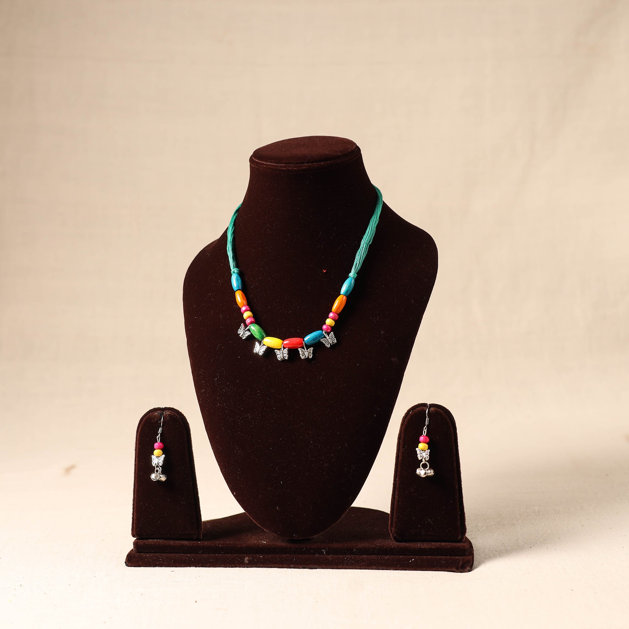 Multicolor German Silver Wooden Beads Necklace Set