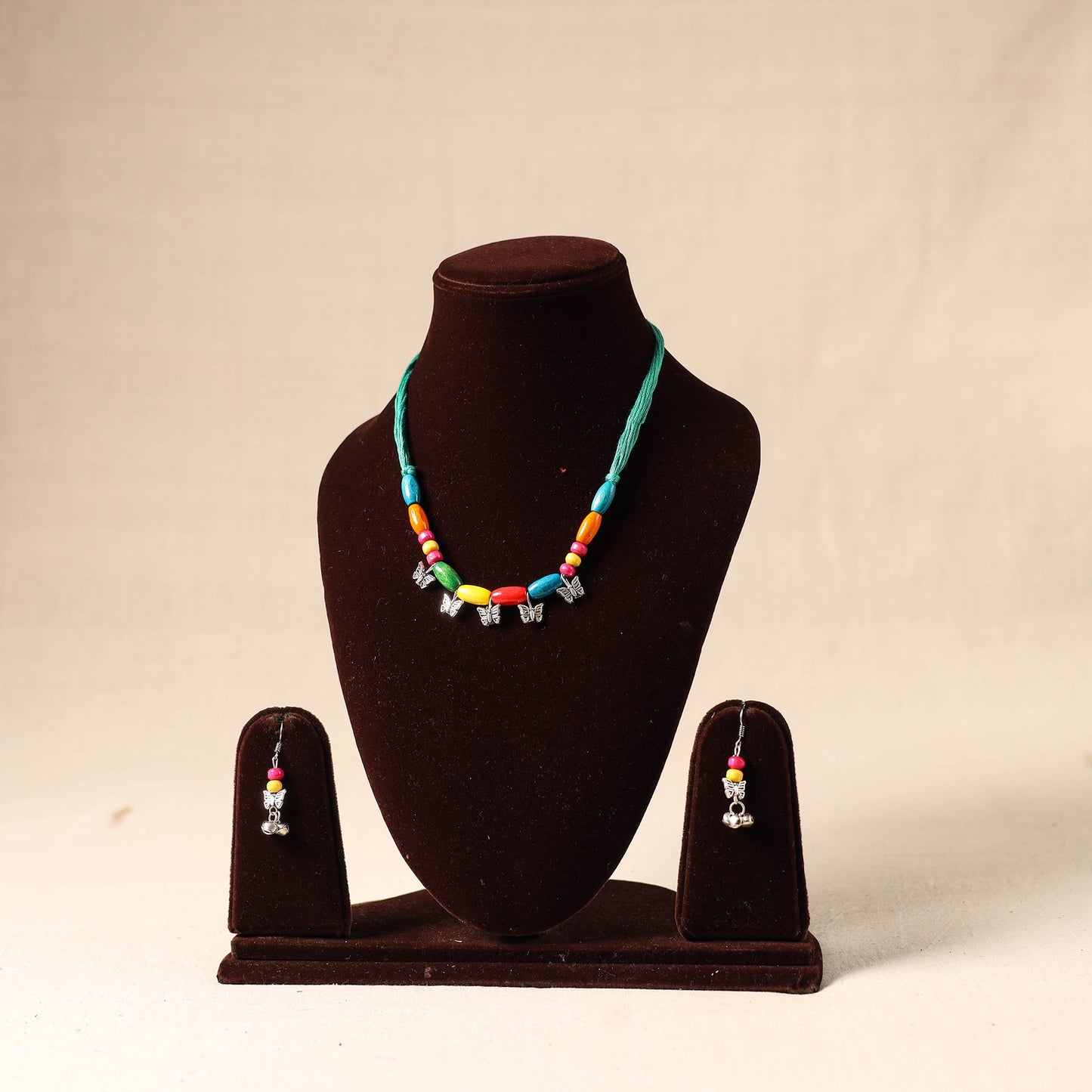 Multicolor German Silver Wooden Beads Necklace Set