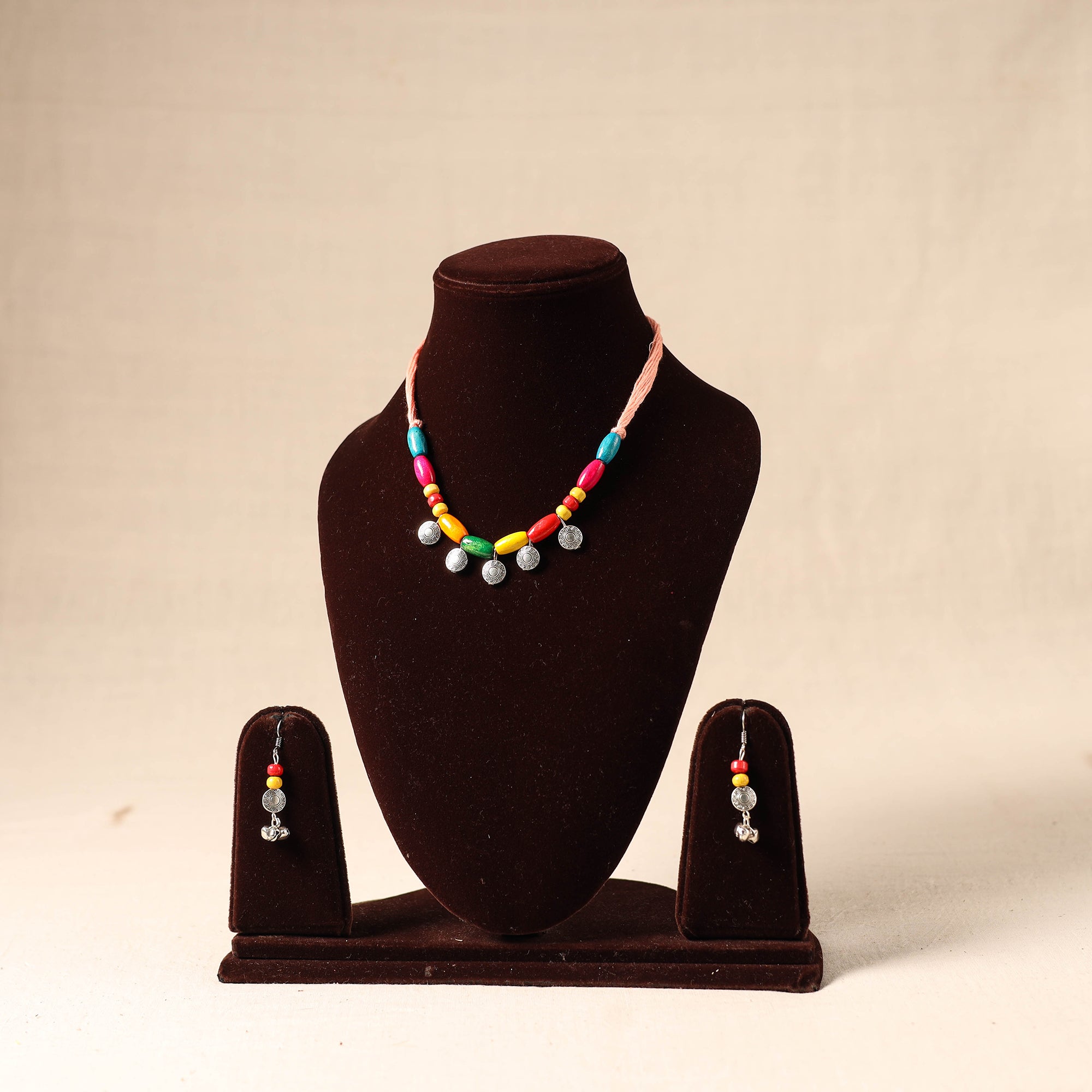 Multicolor German Silver Wooden Beads Necklace Set