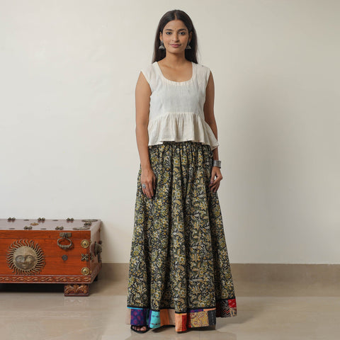 Multicolor - Green - Bagru Block Printed 24 Kali Patchwork Cotton Long Skirt 20