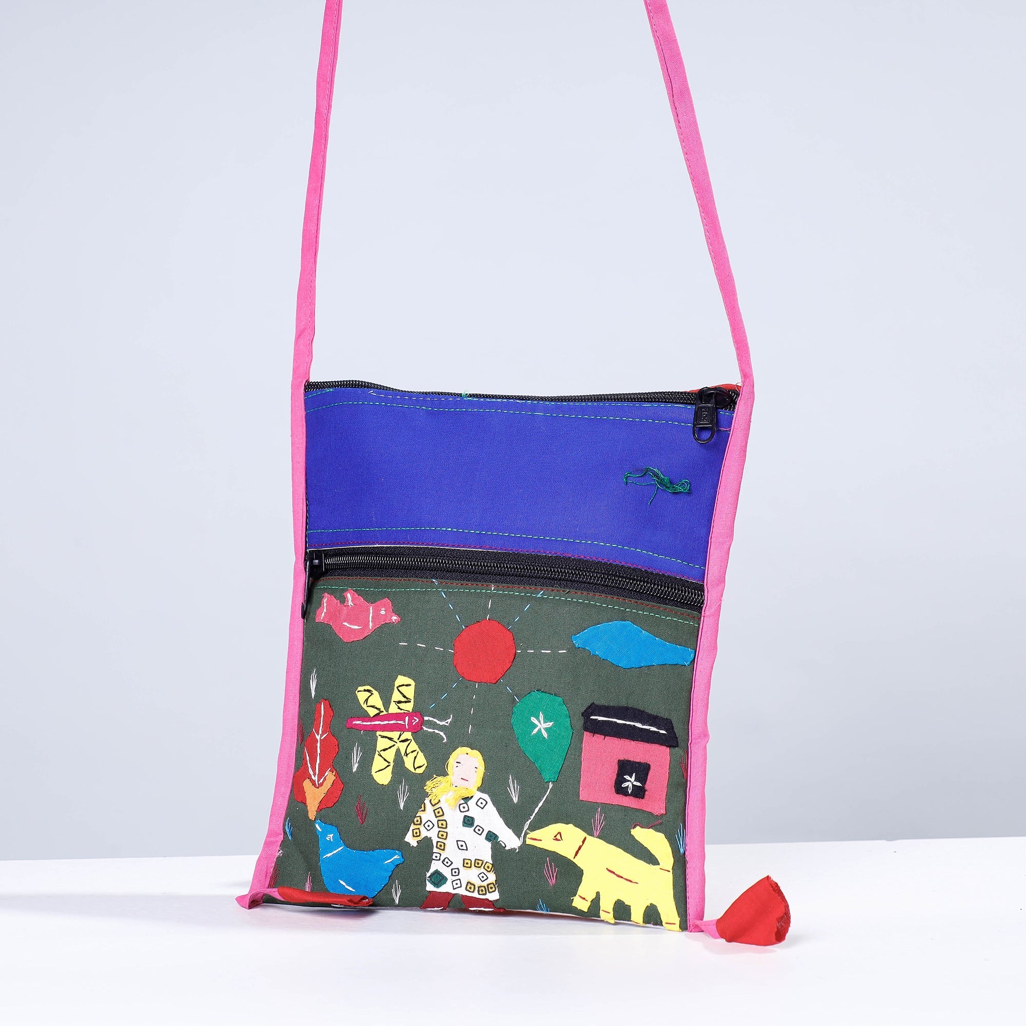 Green Pipli Applique Work Cotton Sling Bag