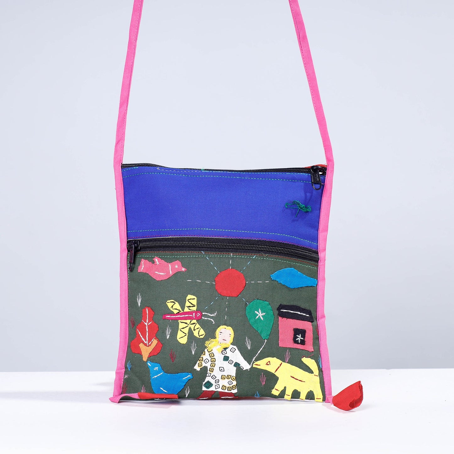 Green Pipli Applique Work Cotton Sling Bag