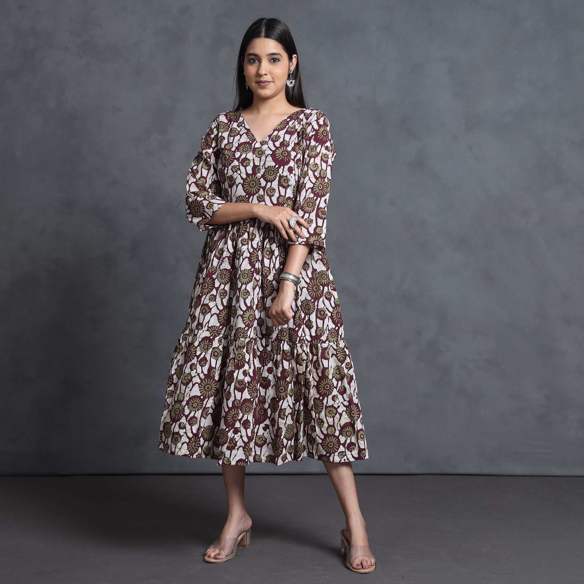 Multicolor - Hand Batik Printed Cotton Flared Gher Dress