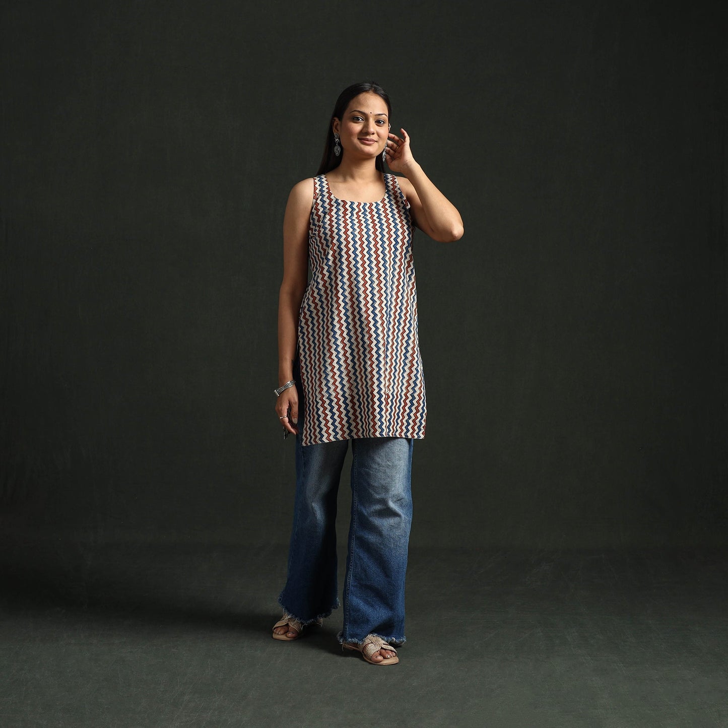 Hand block print natural dyed cotton short ajrakh kurta