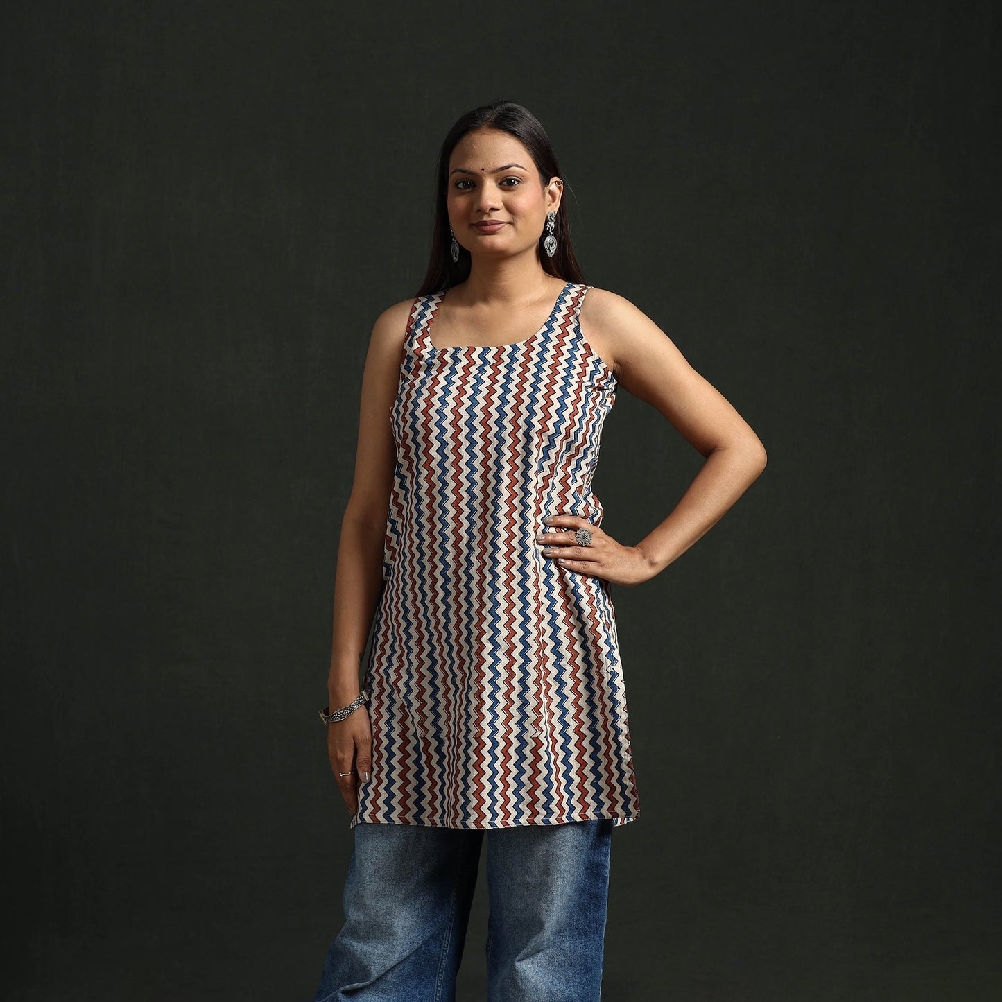 Hand block print natural dyed cotton short ajrakh kurta