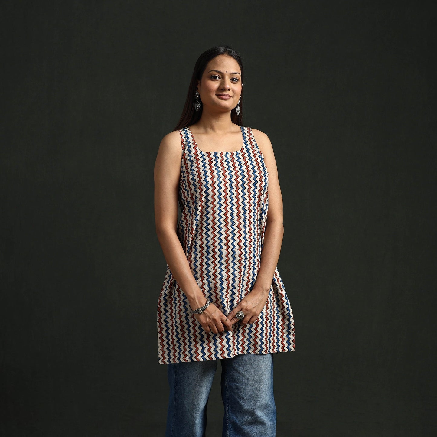 Hand block print natural dyed cotton short ajrakh kurta