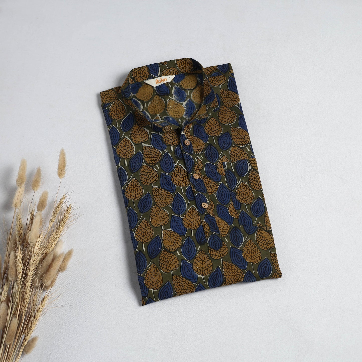 Hand block print natural dyed cotton short bagru kurta