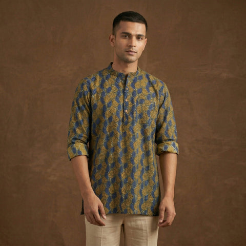 Hand block print natural dyed cotton short bagru kurta