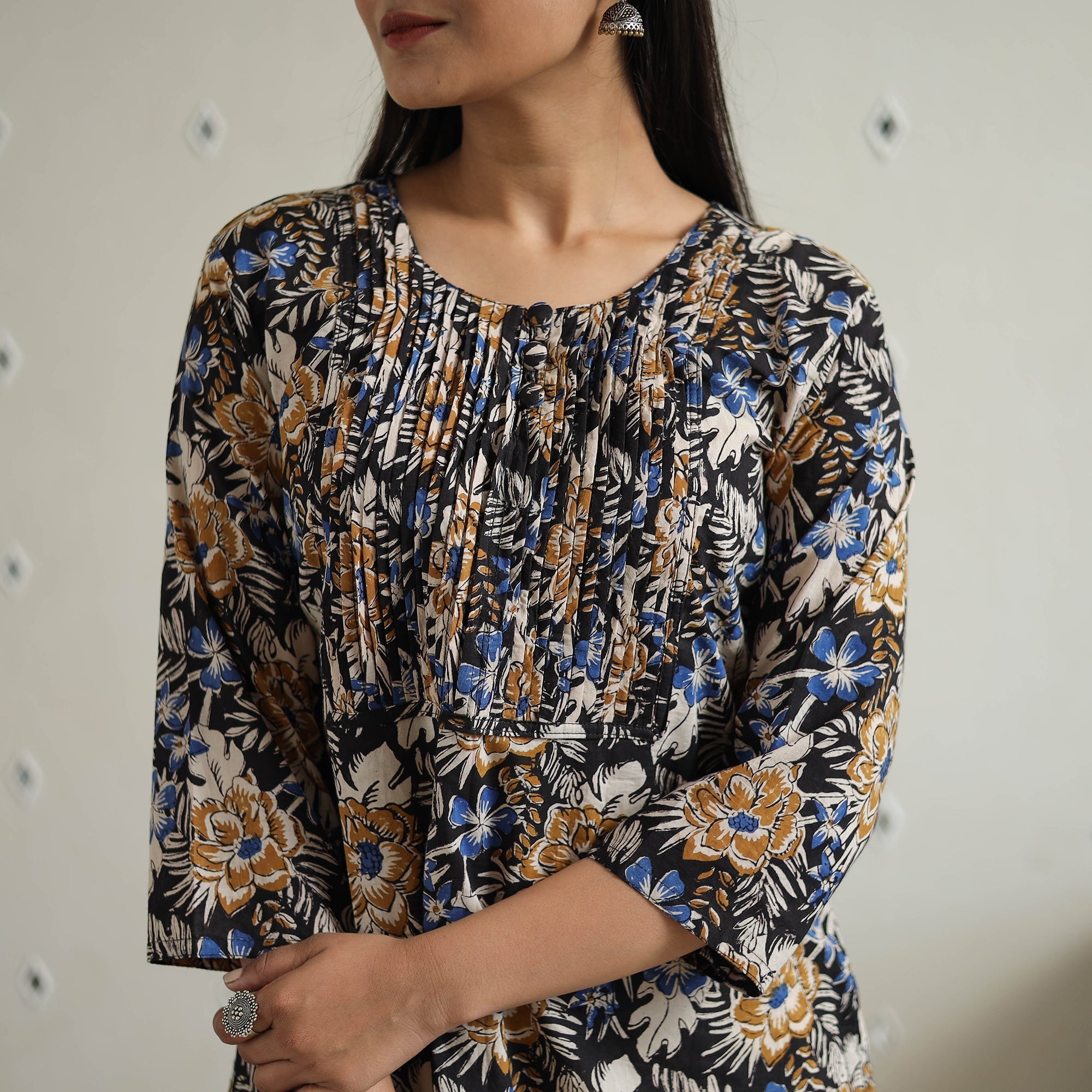 Hand Block Printed Cotton Short Pintuck Bagru Kurta for Women