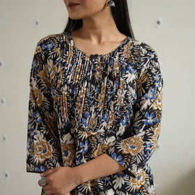 Hand Block Printed Cotton Short Pintuck Bagru Kurta for Women