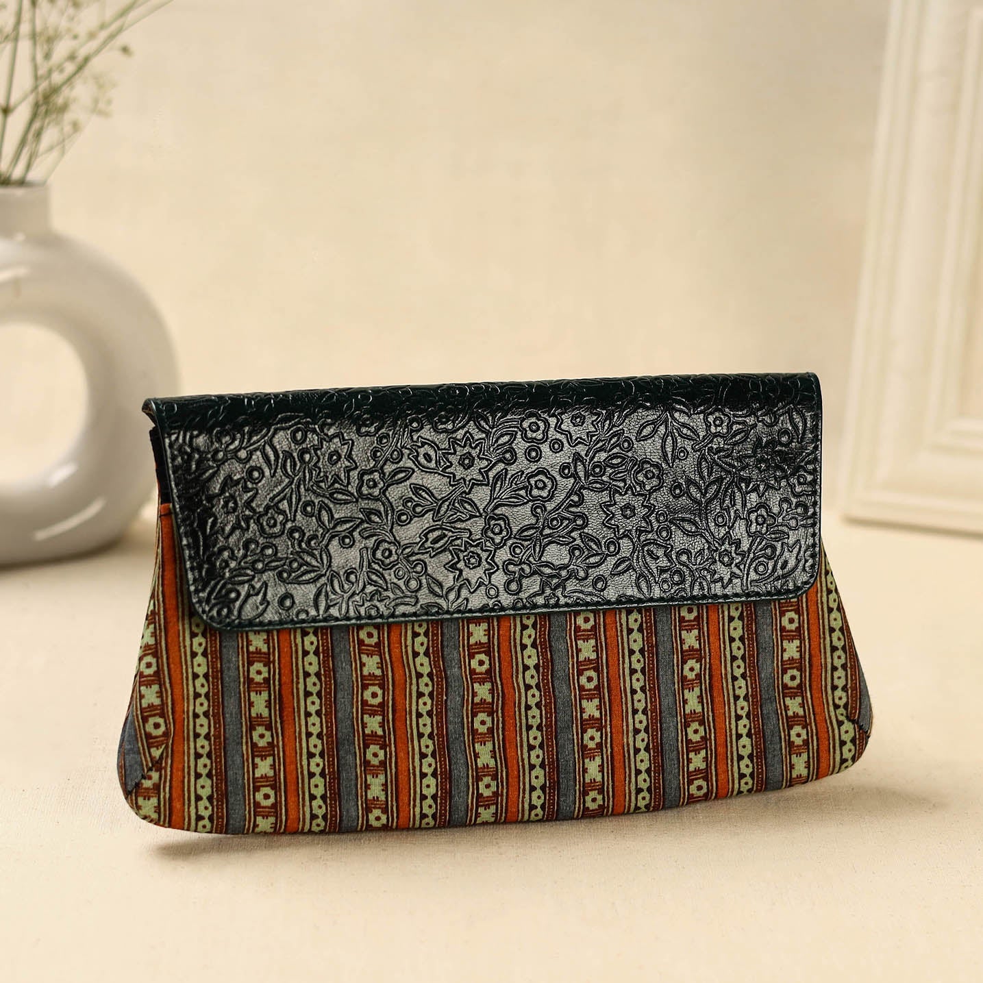 Multicolor Hand Print Clutch with Embossed Leather Flap