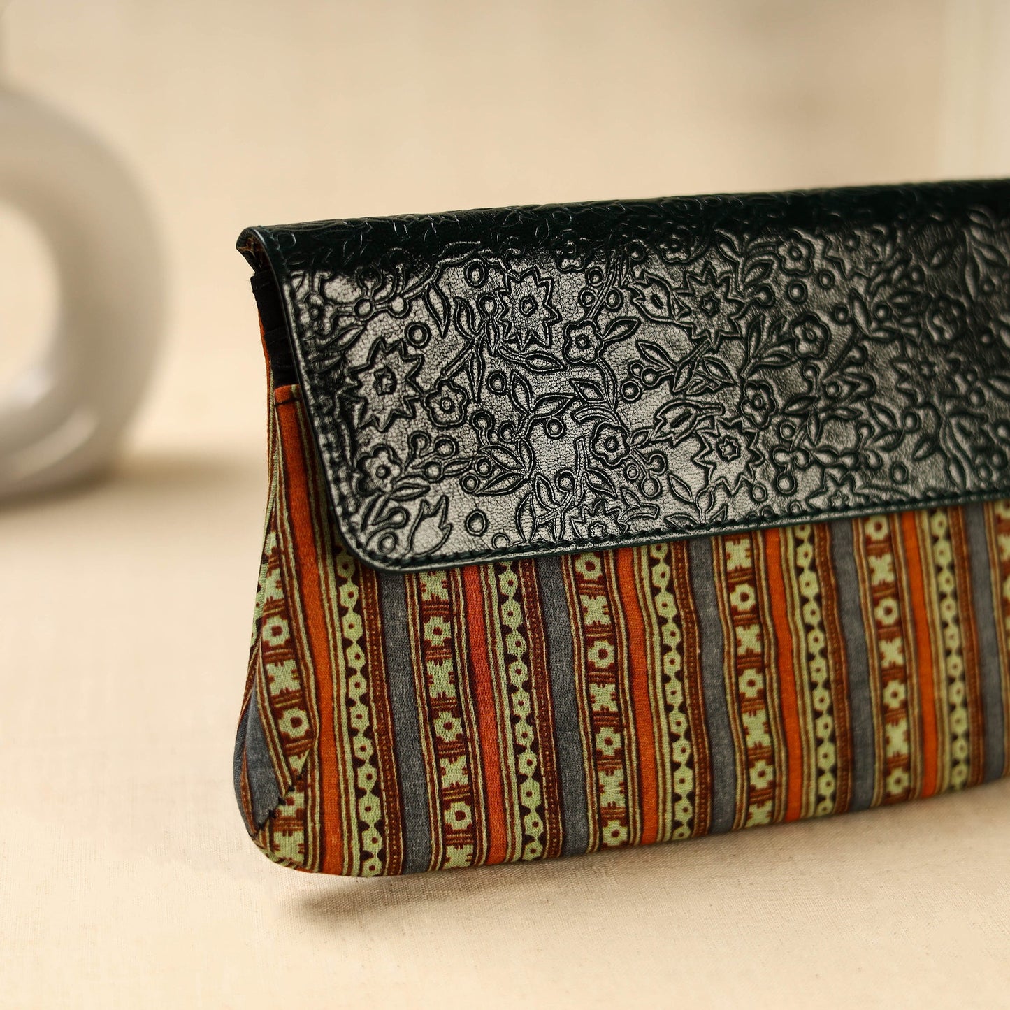 Multicolor Hand Print Clutch with Embossed Leather Flap